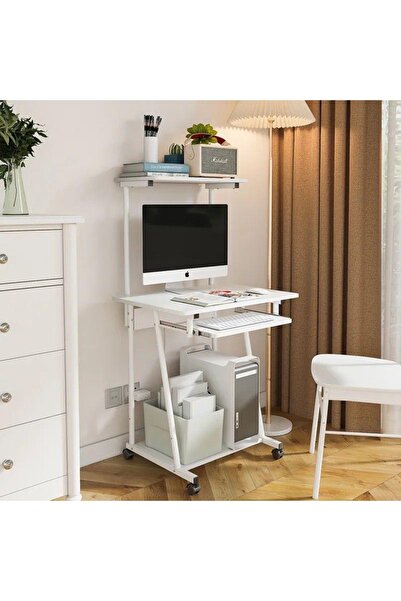 Un طاولة مكتب أبيض بعجلات ورفوف – عملي ويوفر عليك المساحة