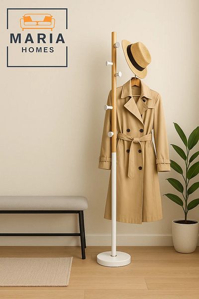 MARIA HOMES Slim Wooden Coat Rack with White Metal Base and Side Pegs