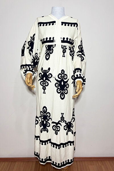 hilal Etnik Desenli Tam Boy V Yaka Salaş Kesim Uzun Boy Elbise