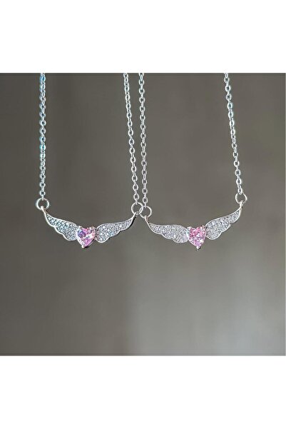 Perry Accesories kararmaz çelik oynar kanatlı pembe kalp kolye melek kanatlı çelik kadın kolye pembe taş kolye