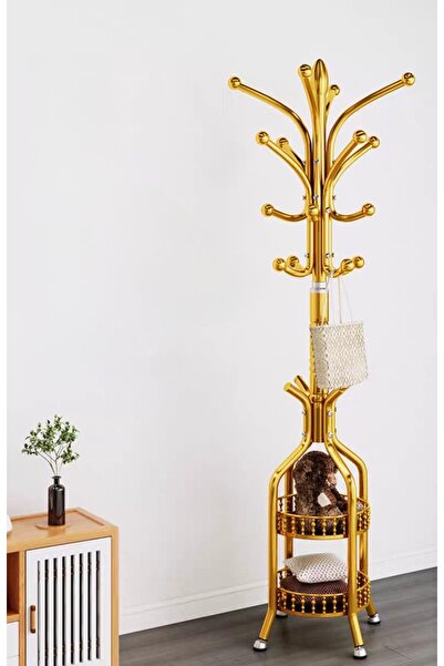 Un علاقة ملابس ذهبية 2 في 1 بتصميم فاخر ورفوف تخزين دائرية