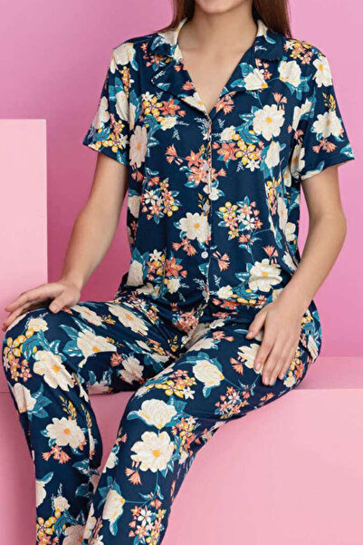 SYMPATHY Women's Floral Patterned Summer Milan Fabric Double Pajama Set