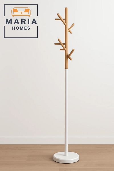 MARIA HOMES Modern Wooden Coat Rack with White Base and Angled Hooks