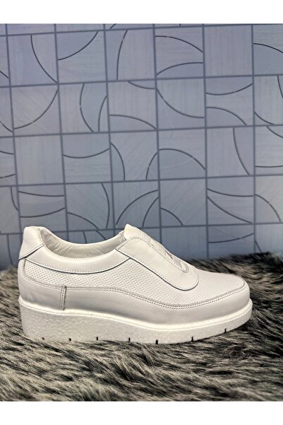 Anıl Ayakkabı Napa Women's White Genuine Leather Comford Wedge Heel Rubber Detail Daily Orthopedic Casual Shoes