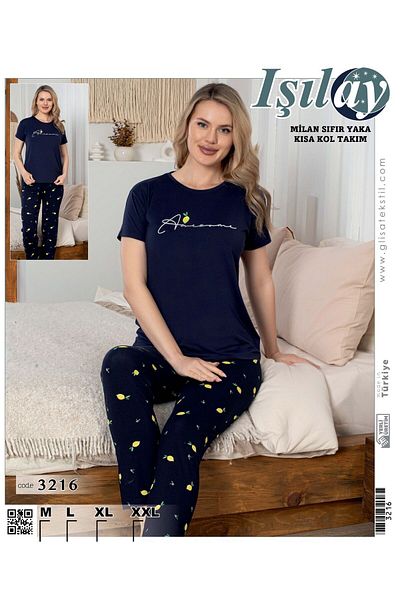 Işılay Işilay Homewear Sweat-Free Soft Premium Milan Fabric Zero Collar Short Sleeve Pajama Set