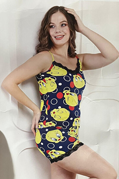 SYMPATHY Kadın Lacivert Tweety Desenli Dantelli Yazlık Askılı Şortlu Pijama T...