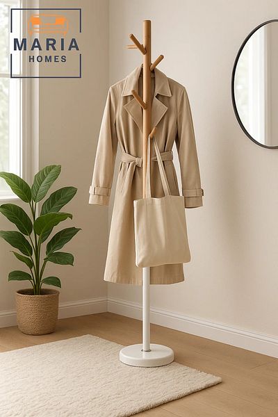 MARIA HOMES Modern Wooden Coat Rack with White Base and Angled Hooks