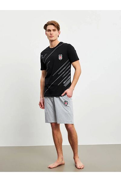 LC Waikiki Black Crew Neck Bjk Fan Printed Cotton Men's Shorts Pajama Set