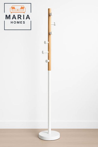 MARIA HOMES Slim Wooden Coat Rack with White Metal Base and Side Pegs