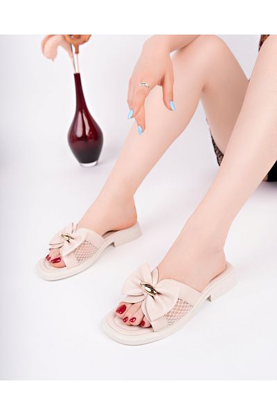 MARSHETTA Fionella Model Bow Buckle Detailed Side Mesh Daily Beige Women's Slippers