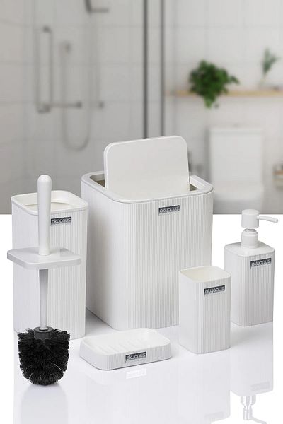 Hanedanev Ocean Mina White Striped Square Bathroom Set 5 Pieces 420B