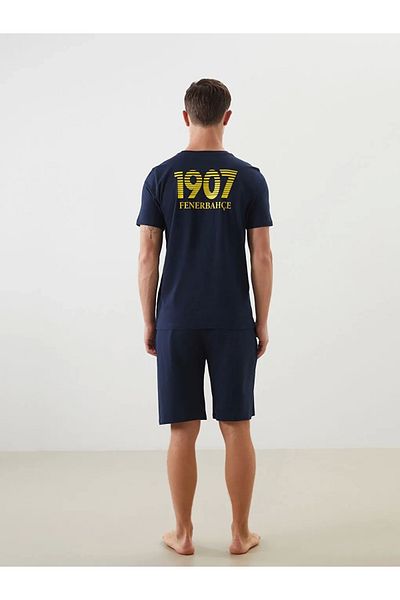 LC Waikiki Navy Blue Crew Neck Fb Fan Printed 100% Cotton Men's Shorts Pajama Set