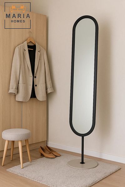 MARIA HOMES Modern Black Oval Standing Mirror – Full-Length Floor Mirror with Metal Frame, 169x40 cm