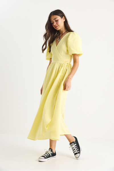 Bianco Lucci Kadın Kruvaze Kapamalı Balon Kollu Uzun Müslin Elbise 3034 60283364