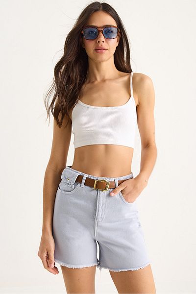 Bianco Lucci Women's Belted Canvas Gabardine Denim Shorts