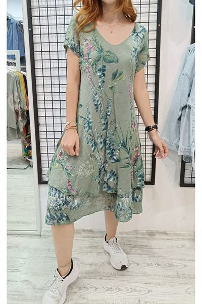 Butik Şans Floral Print Short Sleeve V Neck Italian Cotton Dress