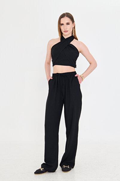 AS Anita Store Black Halter Crop Raw Linen Bottom Top Set