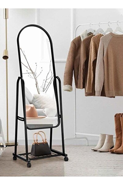 MARIA HOMES Full-Length Standing Mirror with Wheels and Storage Rack Black Metal Frame for Bedroom & Entryway