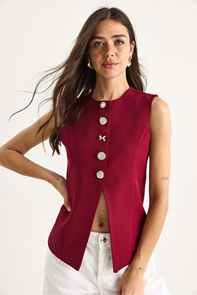 Bianco Lucci Women's Regular Bisilet Collar Gold Button Detailed Lined Woven Vest 9005 60283150