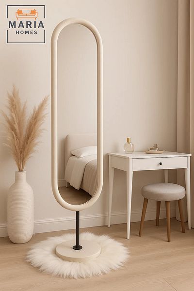 MARIA HOMES Modern White Full-Length Oval Mirror with Metal Stand – 169x40 cm