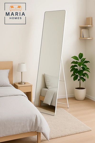 MARIA HOMES Full-Length Standing Mirror 155x44 cm – Silver Frame Floor Mirror for Bedroom & Dressing Room
