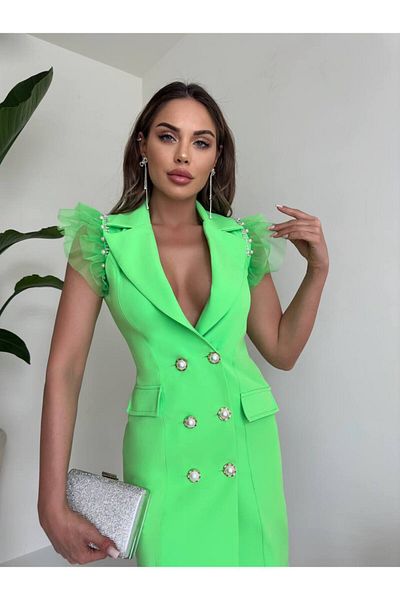 1Moda1Tarz Γυναικείο φόρεμα ειδικής σχεδίασης με επένδυση με λεπτομέρεια από εισαγόμενο ύφασμα με κουμπιά από τούλι και αξεσουάρ