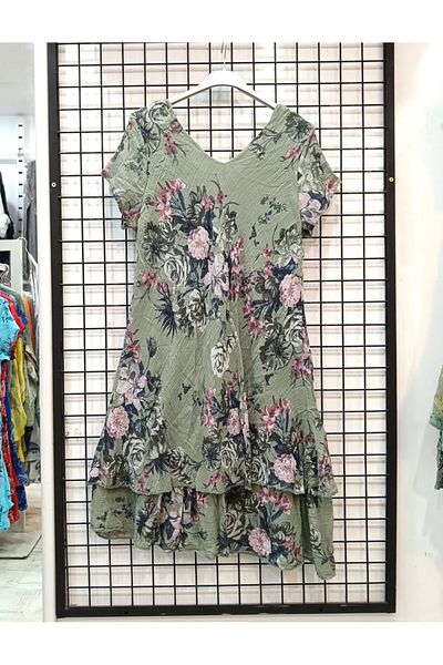 Butik Şans Rose Pattern Short Sleeve V-Neck Italian Cotton Dress