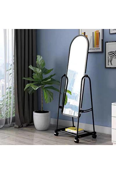 MARIA HOMES Black Full-Length Mirror with Wheels and Storage Shelf – Freestanding Metal Dressing Mirror Stand