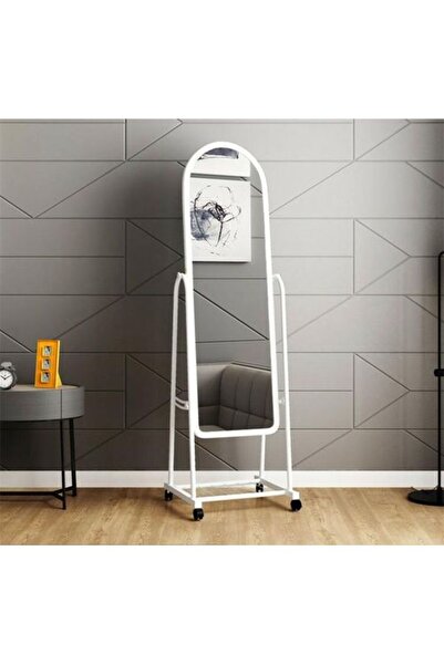 MARIA HOMES Full-Length White Mirror with Wheels and Storage Rack Standing Dressing Mirror for Bedroom