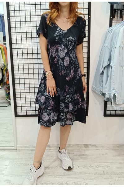 Butik Şans Rose Pattern Short Sleeve V-Neck Italian Cotton Dress