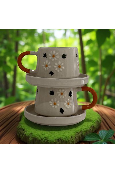 Çiporcal Classic Chamomile Triangle Set of 2 Plates Mug Set Hand Decor