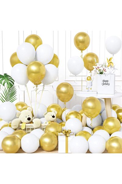 BALON DİYARI 15 Piece Gold & White Balloon Set – Sparkling and Stylish Party Decor