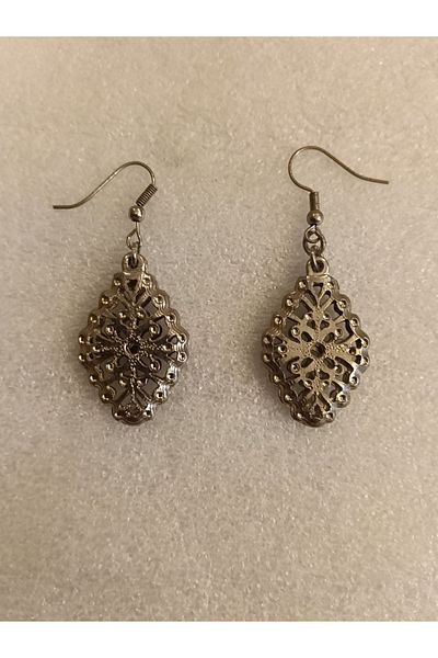 Butik Tülin Authentic Handmade Silver Metal Perforated Pattern Dangle Earrings 5.5X1.8 cm Made in Chile