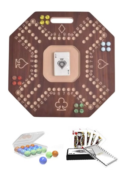 Generic Wooden strategy game table for four players with glass marbles and cards, 40x40 cm