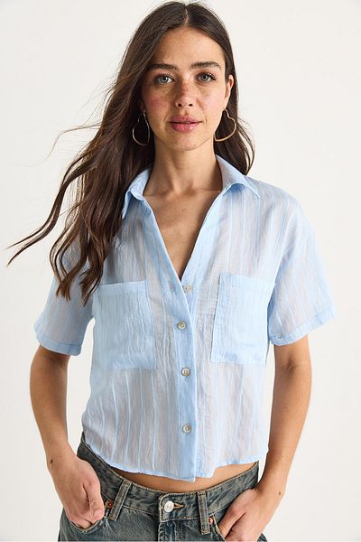 Bianco Lucci Women's Self Striped Double Pocket Detailed Viscose Crop Shirt 2110 60283409