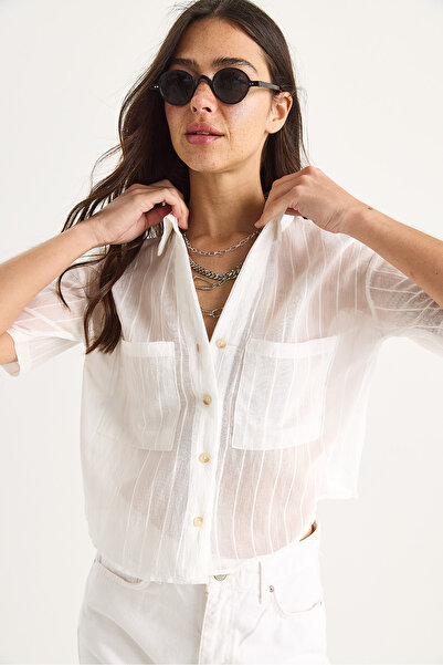 Bianco Lucci Cămașă crop din viscoză cu două buzunare cu dungi pentru femei 2110 60283409