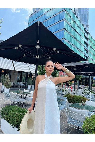 1Moda1Tarz Γυναικείο Εισαγόμενο Λινό Ύφασμα Επένδυση Ζαρτιέρα Δίχρωμο Μάξι Φόρεμα Ειδικού Σχεδιασμού