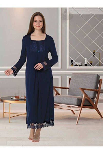 Lohussa Navy Blue Special Design Lace Long Sleeve Cotton Maternity Nightgown