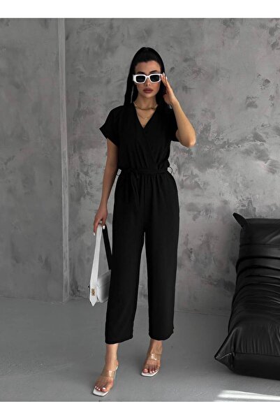 Bella Breeze Kadın Kruvaze Yaka Aerobin Kumaş Kuşaklı Kısa Kollu Şık Tulum