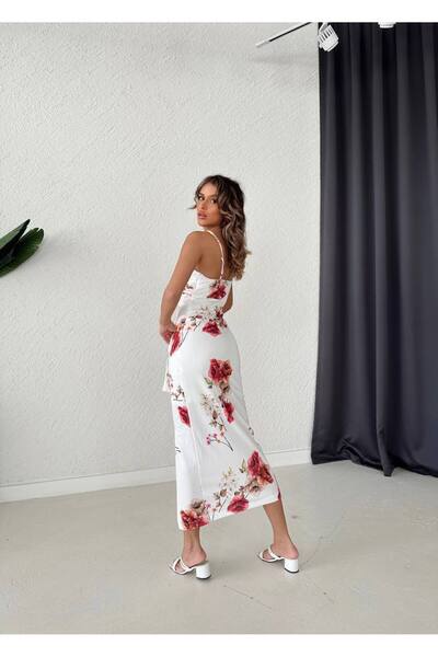 1Moda1Tarz Γυναικείο φόρεμα ειδικής σχεδίασης με λουλουδάτο μοτίβο με λουράκι με λεπτομέρεια αλυσίδας με σχισμή