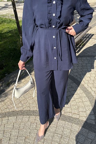 Tesettür Diyarı Summer Fabric Front Ruffle Detailed Suit - Navy Blue