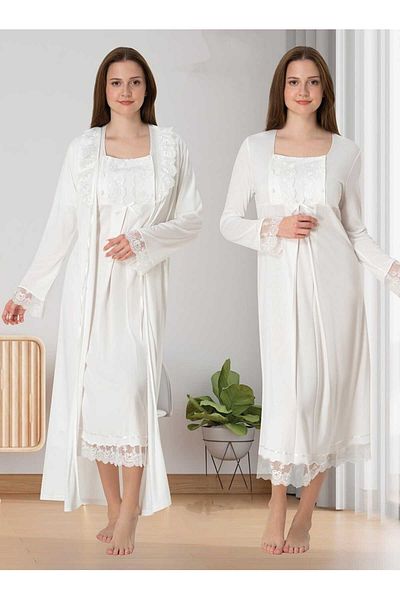Lohussa Ecru Special Design Lace Long Sleeve Cotton Maternity Maternity Dressing Gown, Pajama Set, Nightgown Set of 4