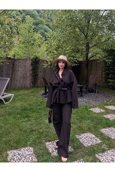 MY LİKA Tie Waist Denim Suit Oversize Jacket and Trousers