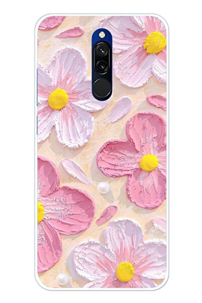 TechTree Redmi 8 Uyumlu Pembe Beyaz Çiçekler Sulu Boya Şeffaf Silikon Kılıf