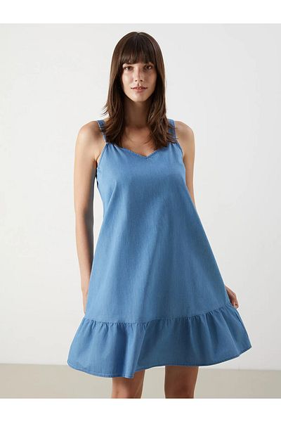 LC Waikiki Lcw comfort indigo v-neck strap mini jean dress