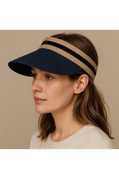 WOHOME Kadın Tepesi Açık Hasır Siyah Vizör & Tenisçi Şapka / Siperlik- LACİVERT