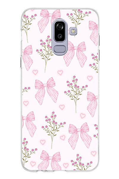 TechTree Samsung Galaxy J8 - A6 PLUS Uyumlu Pembe Çiçek ve Fiyonklar Şeffaf S...