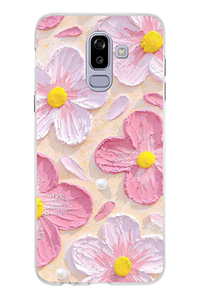 TechTree Samsung Galaxy J8 - A6 PLUS Uyumlu Pembe Beyaz Çiçekler Sulu Boya Şeffaf Silikon Kılıf