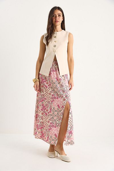 Bianco Lucci Fusta de damă din bumbac cu model floral, talie elastică, cu detaliu de fantă 6689 60283412