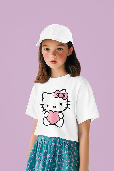 SEVBANO Tricou unisex pentru copii cu desene animate Hello Kity roz cu inimă (vârsta 1-12)